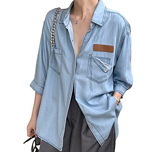 【送料無料】[xppe] 在庫品を投げ売り ブラウス シャツ レディース 襟付け ワイドシャツ 7分袖 折り襟 ボタン 前開き トップス 上品 着やせ 体型カバー ポケット付き 羽織る ゆったり 薄手 学院風 春 夏 秋