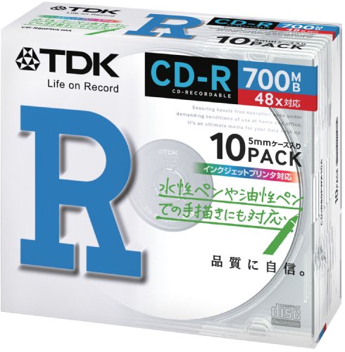 【送料無料】TDK データ用 CD-R 700MB 48X ホワイトプリンタブル 10枚パック CD-R80PWX10A