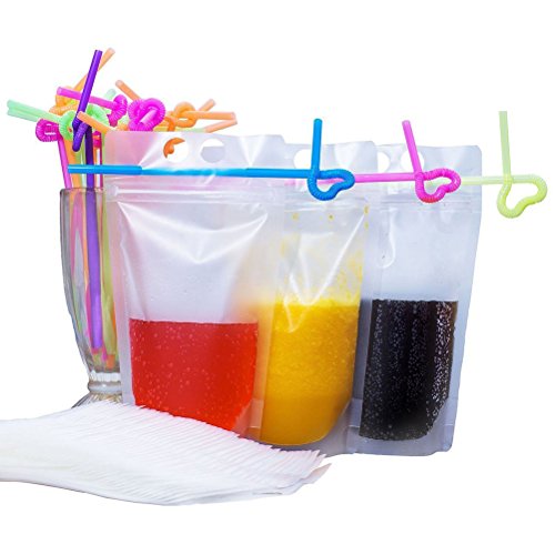 【送料無料】OUNONA ジュース袋　飲料バッグ　曲がるストロー付き　スパウトパウチ 500ml 　密封保存袋　持ち運び便利 （100ストロー＋100バッグ）