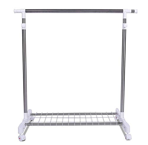 【送料無料】ハンガーラック シングル パイプハンガー 物干しスタンド キャスター・ネット付き 縦横伸縮タイプ 太パイプ 直径26.5mm 頑丈 軽量 幅90~155×奥行43×高さ90~160cm 耐荷重40kg 2年品質