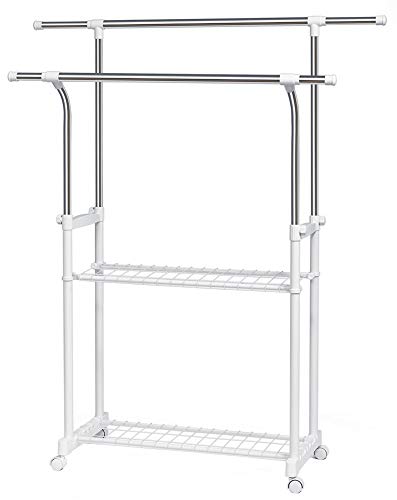 【送料無料】ダブル ハンガーラック パイプハンガー ステンレス 太パイプ キャスター・ネット付き 縦横伸縮タイプ 幅90~155×奥行43×高さ95~160cm 耐荷重50kg YJ-SC002