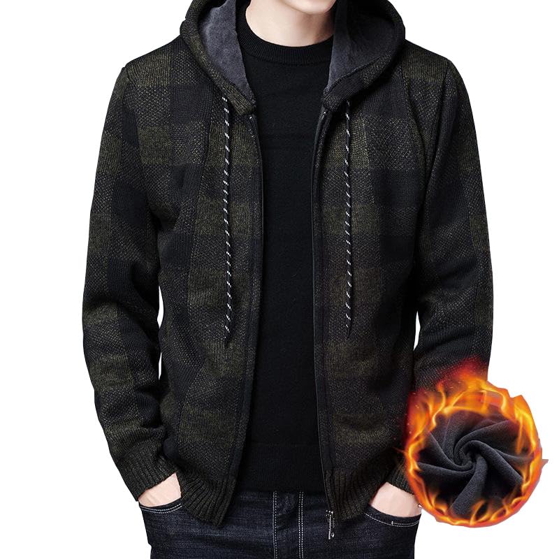 【送料無料】[Liaziong] パーカー ジップアップ 裏起毛 メンズ 秋服 冬服 チェック コート フード付き セーター 大きい サイズ ゆったり 厚手 防風 防寒 暖かい アウター ニット ジャケット カジュアル カーディガン