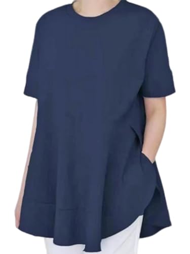 【送料無料】MUISHUYU 半袖 Tシャツ レディース フリル トップス ウンドネック Aライン オフィス ゆったり カットソー 大人 シンプル 綿 無地 快適 きれいめ 薄手 通気 通勤 春 夏 ベーシック おしゃれ YU31 (JP, アルファベット, XL, ダークブルー)