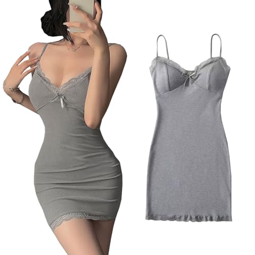 【送料無料】[Roiyezo] セクシードレス カップ付き ドレス レース Vネック ミニスリップ 綿ハイレグ ス..