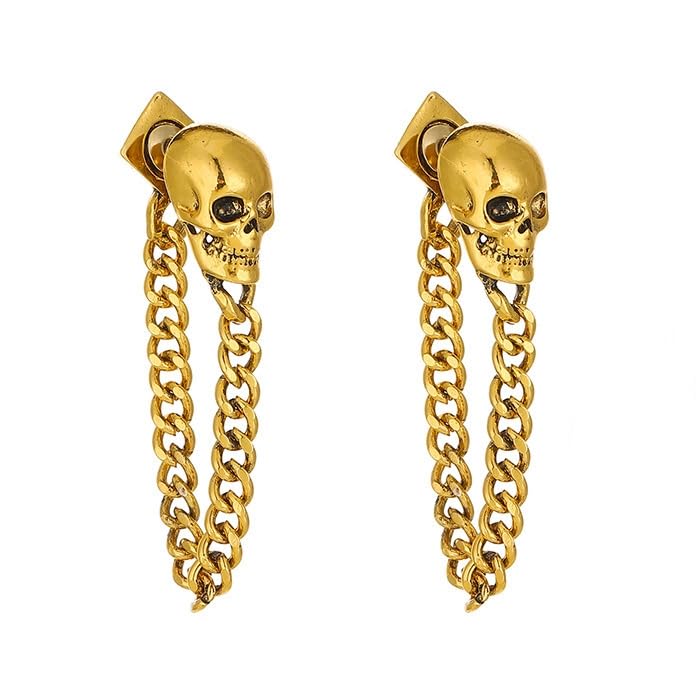 【送料無料】Rockyu レディース 耳飾り スカル チェーンイヤリング レトロ スカル ピアス ゴールド シ..