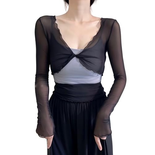 【送料無料】[WinsGreat] シアー トップス シースルー レディース ショート丈 Tシャツ 長袖 Vネック 肌..