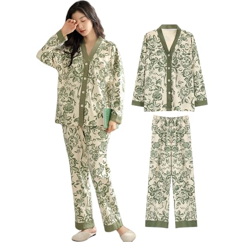 【送料無料】[Narebualo Cietupoop] レディース パジャマ Vネック 長袖 上下セット ルームウェア 薄い 前開き ボタン 通気性 柔らかい肌触り ウエストゴム あたたかい ゆったり レイジースタ カジュアルイル シンプル かわいい 春秋冬