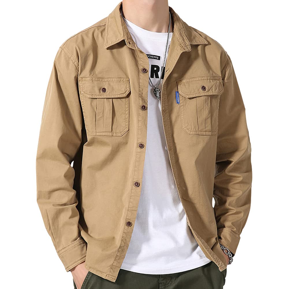 【送料無料】[netero] メンズ ミリタリー シャツ 長袖 綿 無地 ミリタリーシャツ カーゴ カジュアルシャツ ポケット付き 秋 冬 春 夏 色：カーキ、サイズ：L