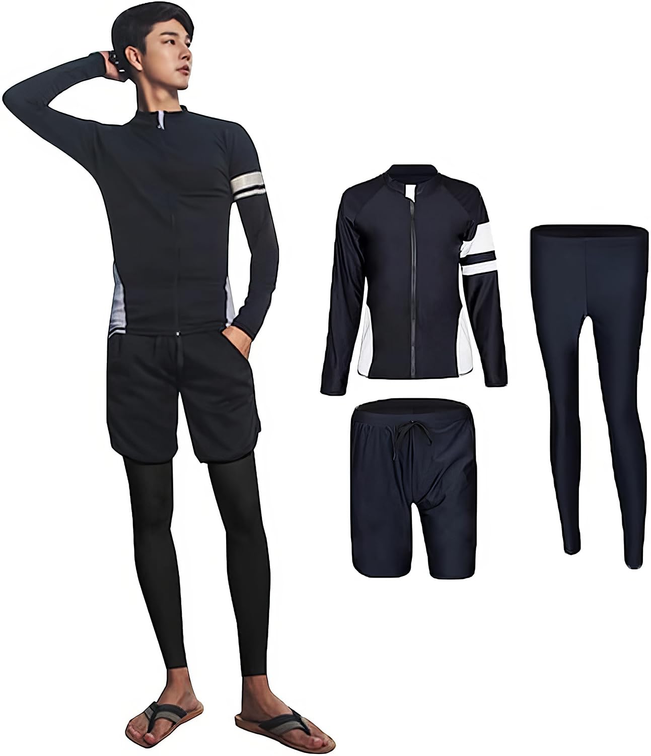 【送料無料】[foveitaa] ラッシュガード メンズ フィットネス水着 上下 セット 長袖 前開き レギンス サーフパンツ フィットネス 男性 3点セットUVカット温泉 ビーチ 水泳 スイミング メンズ 競泳 吸汗 速乾 色：#696：3点セット（1923）、サイズ：XL