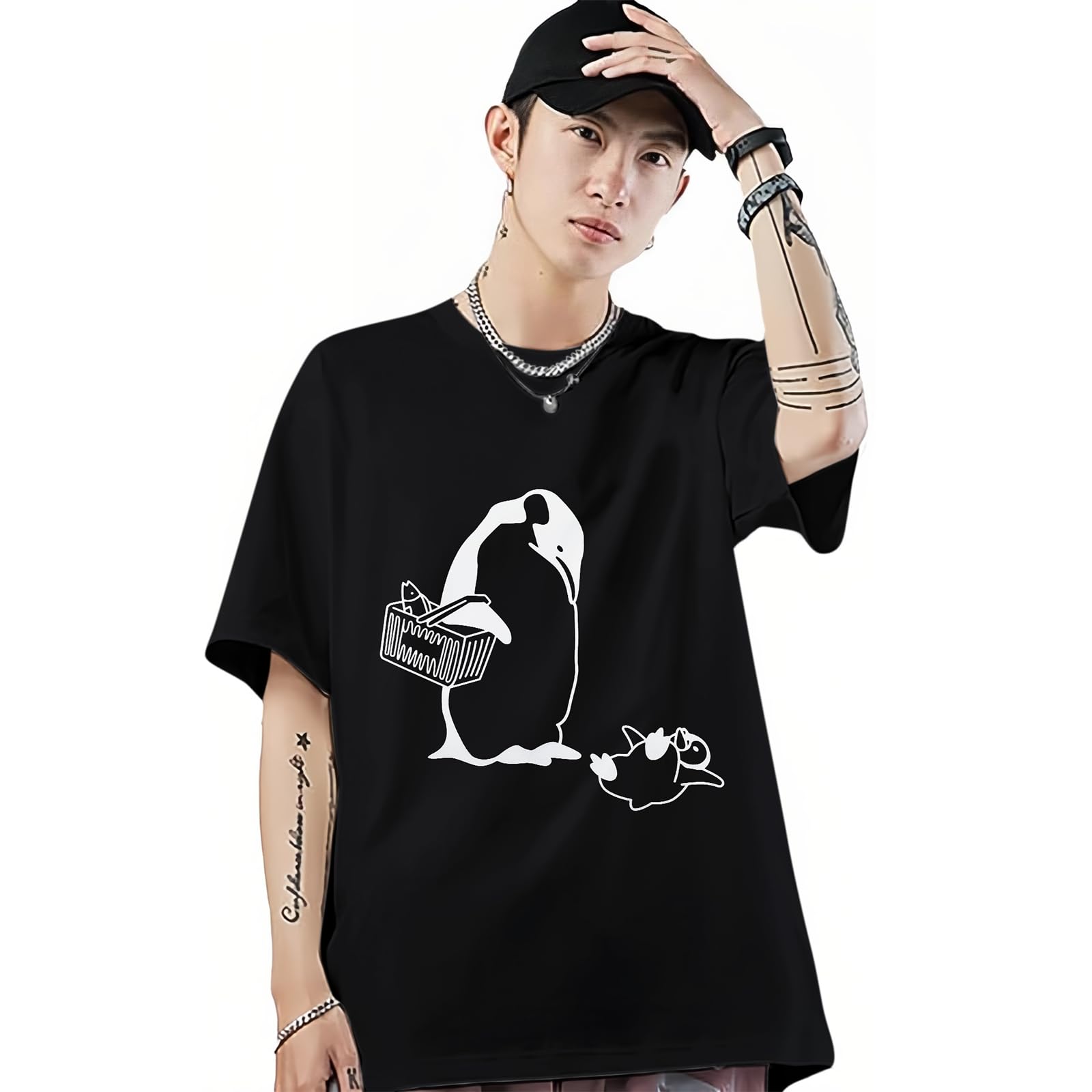 【送料無料】[EnjoIt] 7.1オンス ペンギン Tシャツ メンズ 半袖 綿100％ 面白い 可愛い おもしろ ウケる 吸汗速乾 通気性 大きい サイズかわいい 柔らかい肌触り クルーネック ファッション レジャー シンプルさ F0000 色：ブラック、サイズ：L Regular