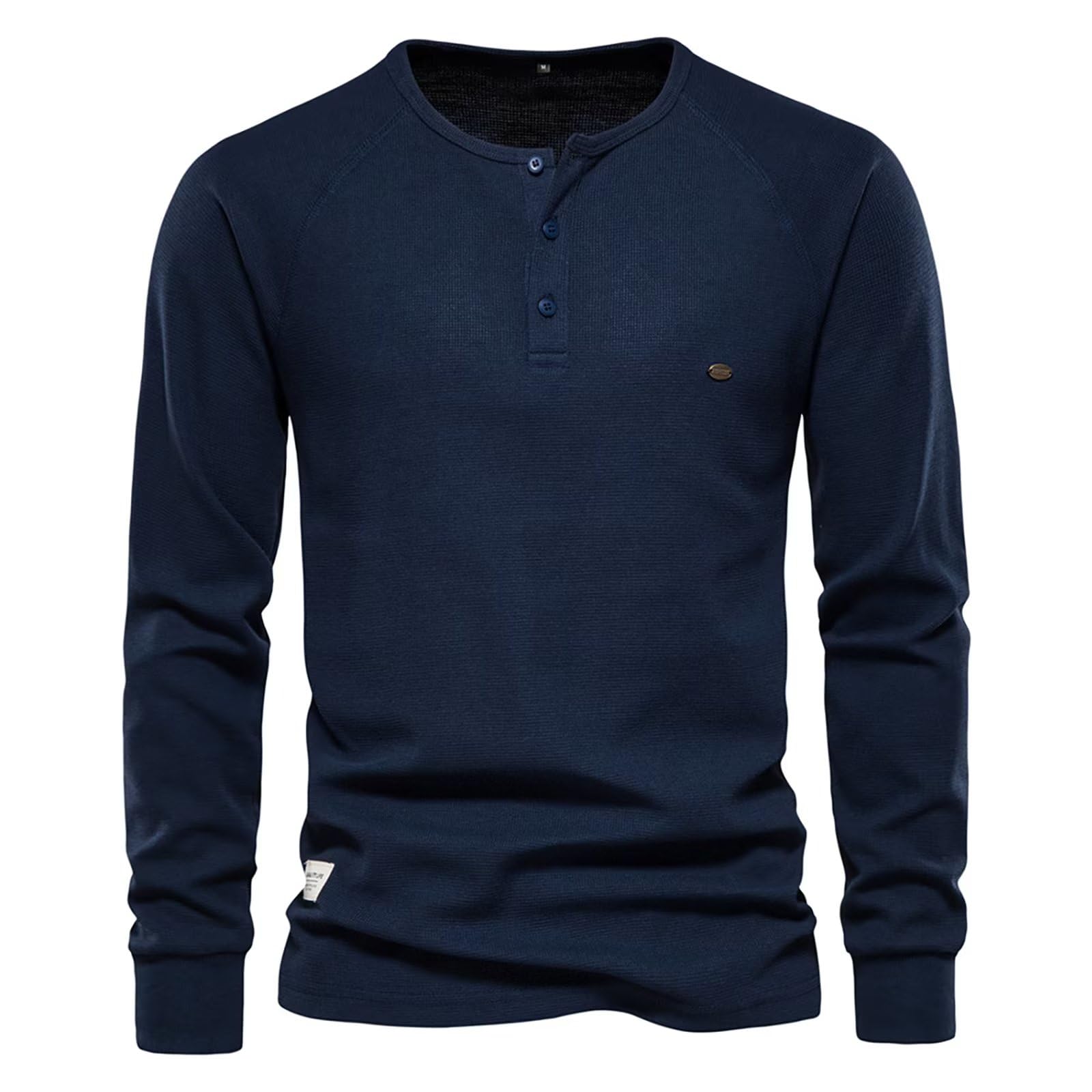 【送料無料】[KULIXI] ヘンリーネック 長袖 メンズ tシャツ Vネック 襟を開く ワッフル素材 トップス フィットネス おしゃれ ロングtシャツ ストレッチ カジュアル 無地 カットソー 秋服 大きいサイズ CX-1294 色：1294(ネイビー)、サイズ：M