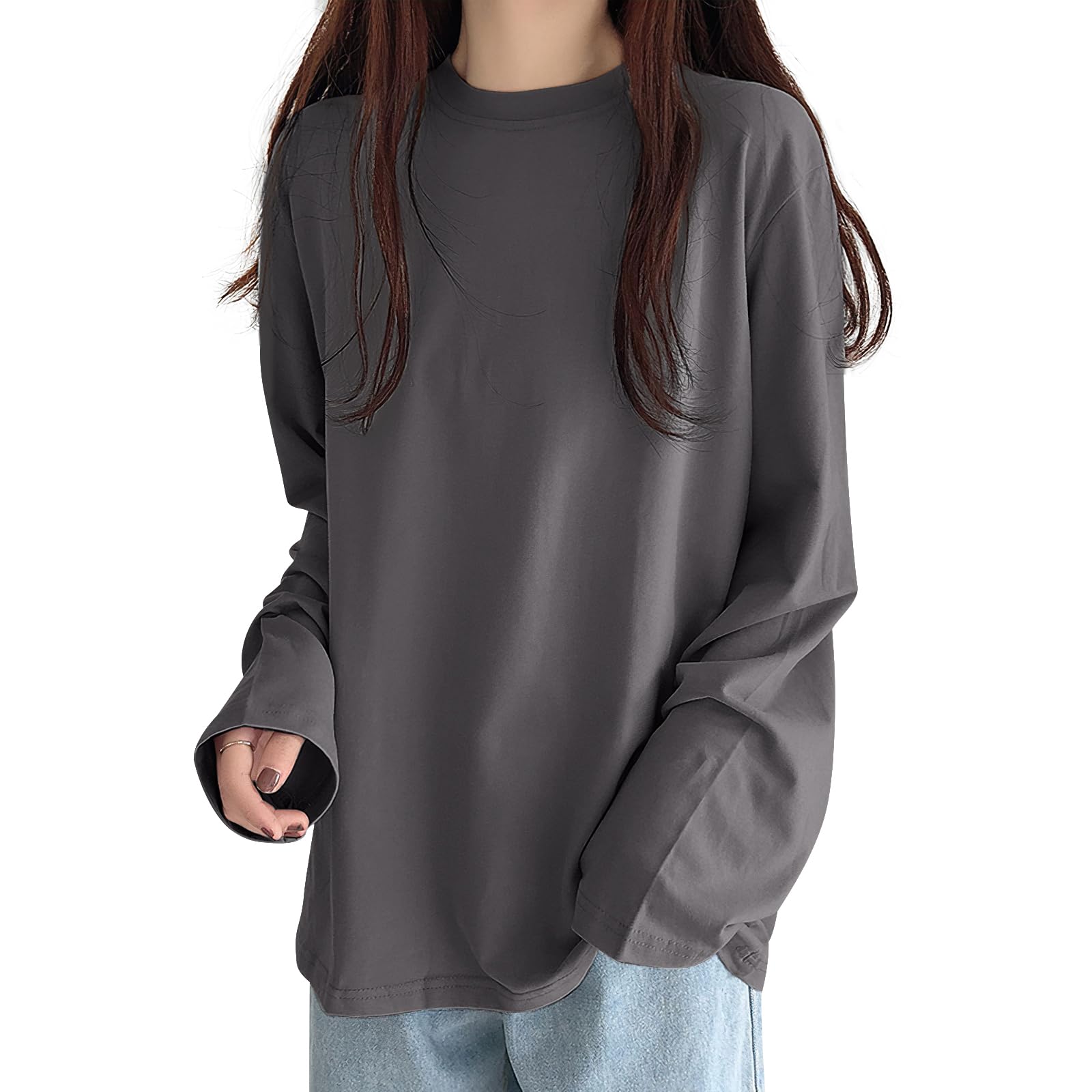 【送料無料】[Adcey] 【新色追加！】Tシャツ レディース 長袖 トップス 【秋冬の定番もちふわタッチ型崩れしにくく】 カットソー ティーシャツ 丸首 クルーネック ロングスリーブ カジュアル 着痩せ ゆったり 重ね着 無地 シンプル きれいめ お 色：グレー、サイズ：M