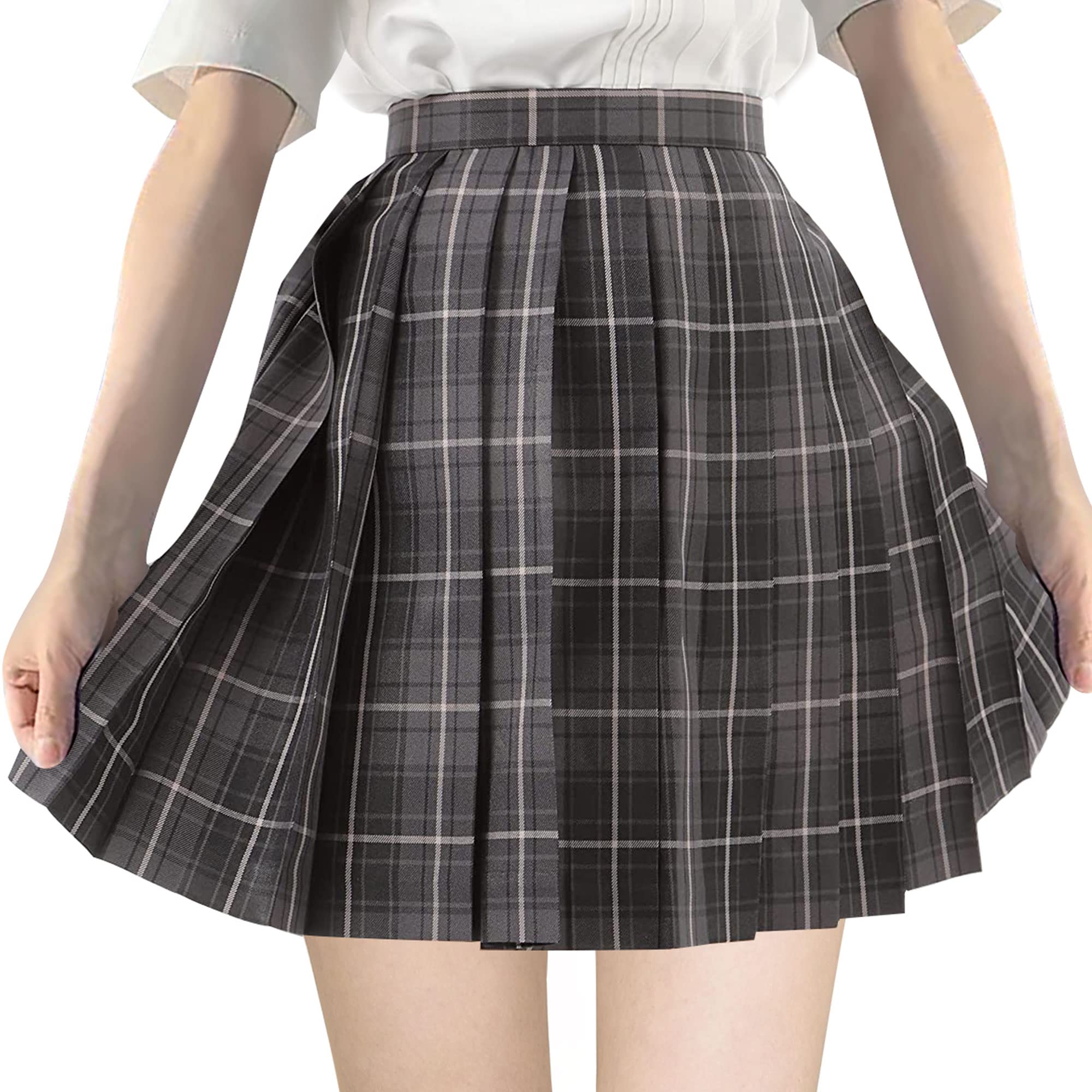 【送料無料】[HDONYUI] 制服 スカート ミニ プリーツ チェック 女子 スクール 高校生 JK 学生 ハイウエスト Aライン アジャスター 卒業式 遊園地 学園祭 文化祭 パーティ 色：グレイ/ダークグレイ/ホワイト、サイズ：S