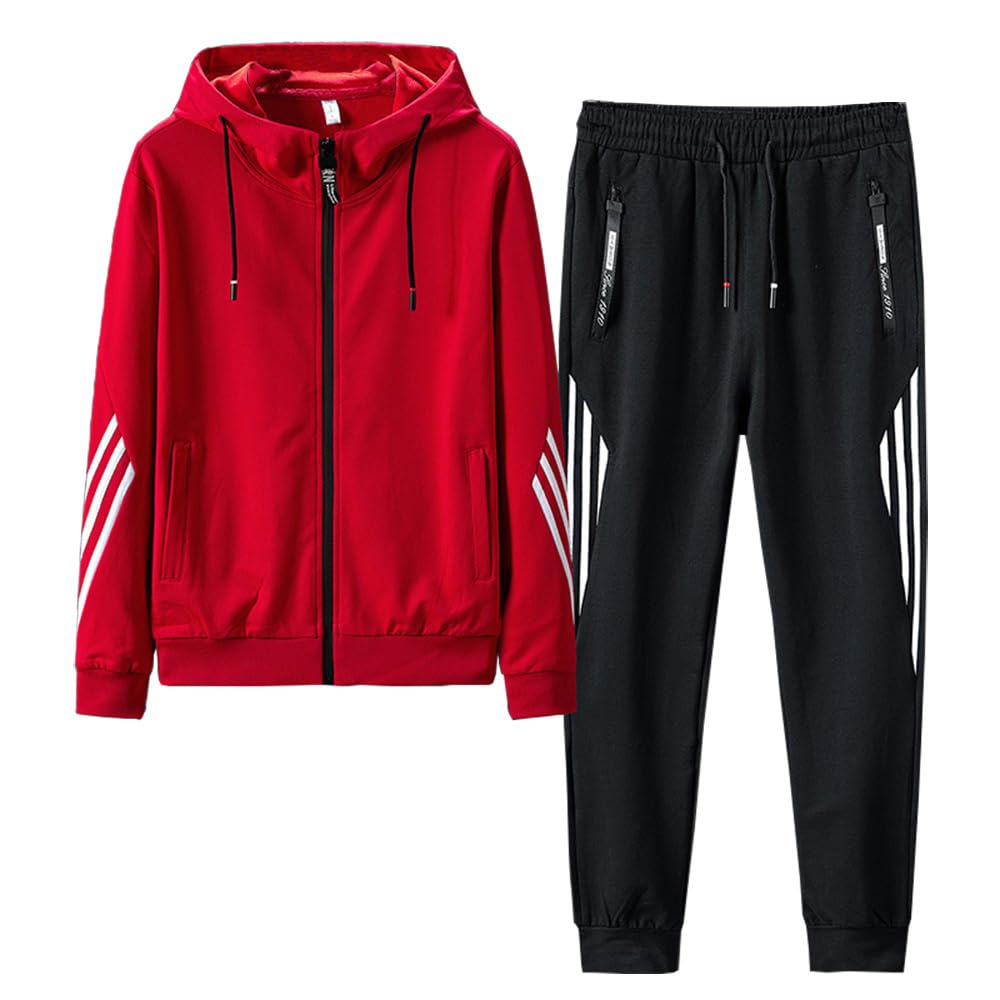 【送料無料】[Hyjkl] ジャージ 上下セット メンズ 大きいサイズ フード付き スポーツウェア スウェット スポーツ 吸汗速乾 通気 ランニングウェア スタイリッシュ カジュアル 春秋冬用 色：レッド、サイズ：4XL