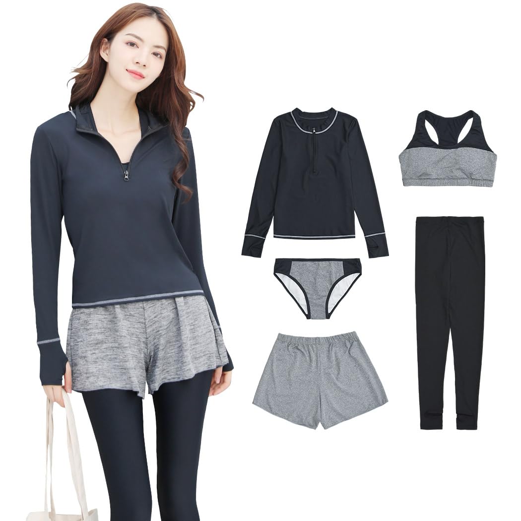 【送料無料】[Teddy] フィットネス 水着 レディース 体型カバー 5点セット 長袖 ラッシュガード スポーツブラ ショーツ ショートパンツ レギンス hys2122 色：ブラック/グレー、サイズ：3L