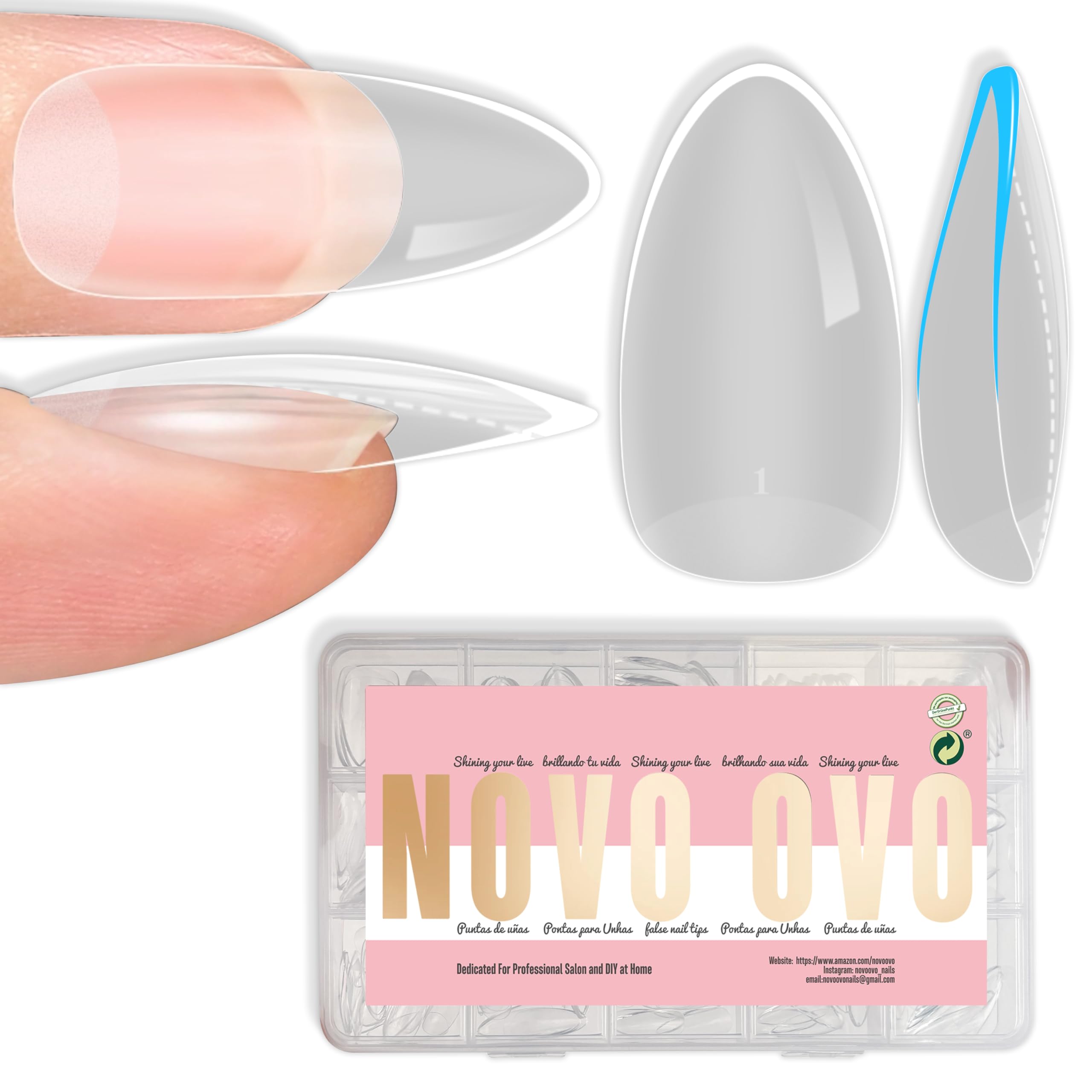 【送料無料】NOVO OVO Medium Nail Tips ミディアムネイルチップ [並行輸入品] 色：Medium Almond Clear Extra Thick 224_EU、サイズ：Medium