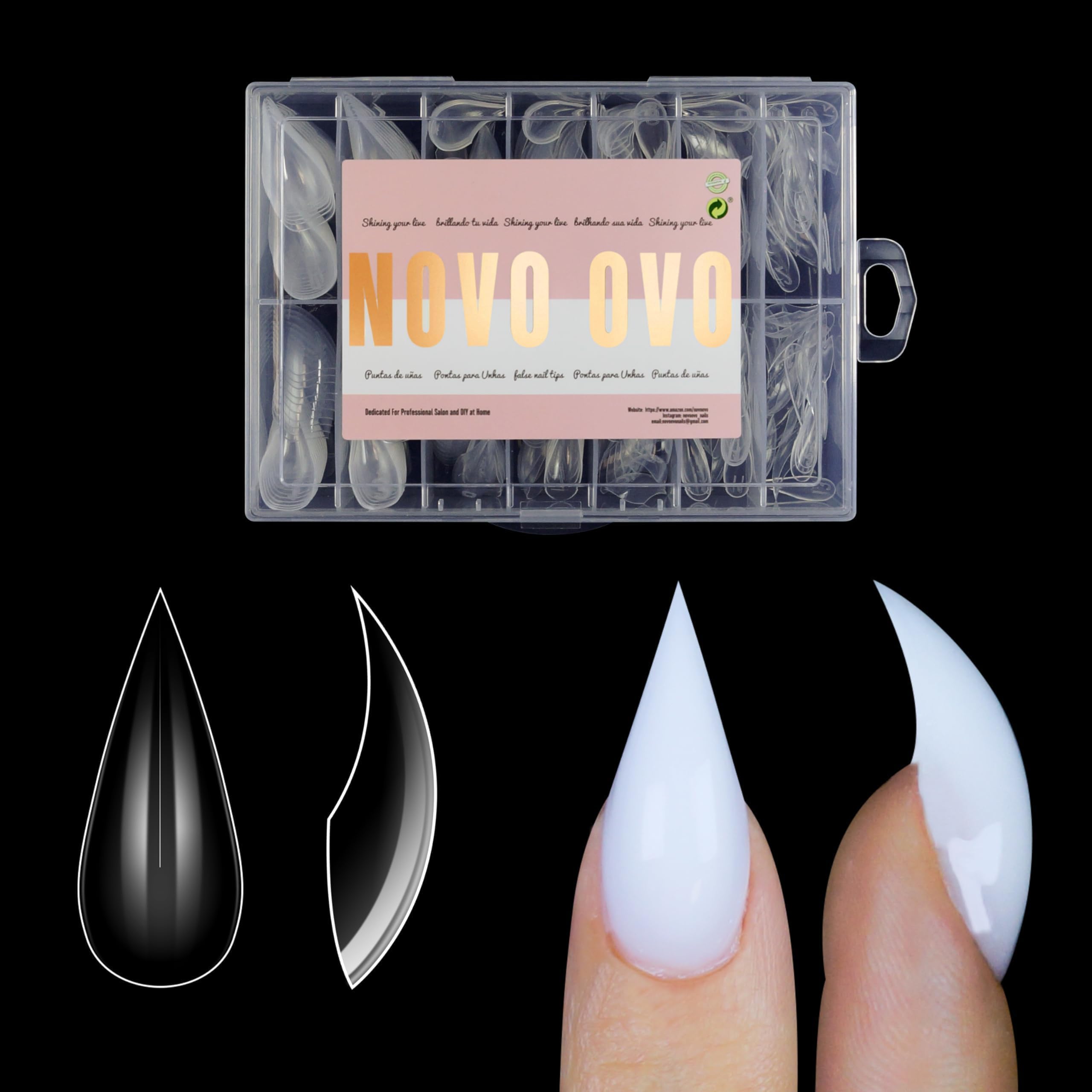 【送料無料】NOVO OVO Nail Dual Form テーパードスクエア（ナチュラル、彫刻なし）ネイルデュアルフォーム、ポリジェルエクステンション用、内側にガイドライン付き、XL XXL再利用可能フルカバーアクリルネイルモールド 色：Short Curved Stiletto 3D nail dual form_EU