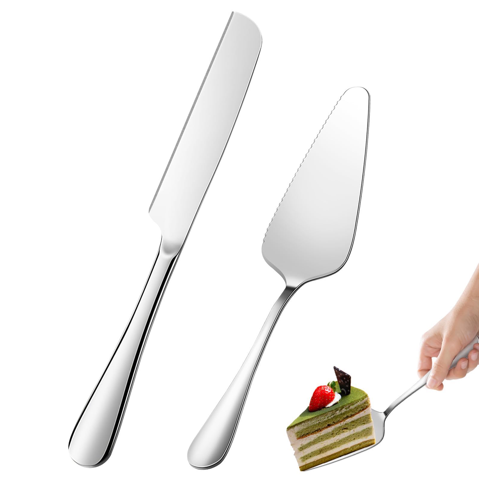 【送料無料】Liroyal 2点セット ケーキナイフ＆チーズスパチュラ 高級ステンレス製 抗菌加工 食洗機対応 - ギザ刃/耐熱200度 家庭用・業務用 プロ仕様 簡単カット 光沢仕上げ