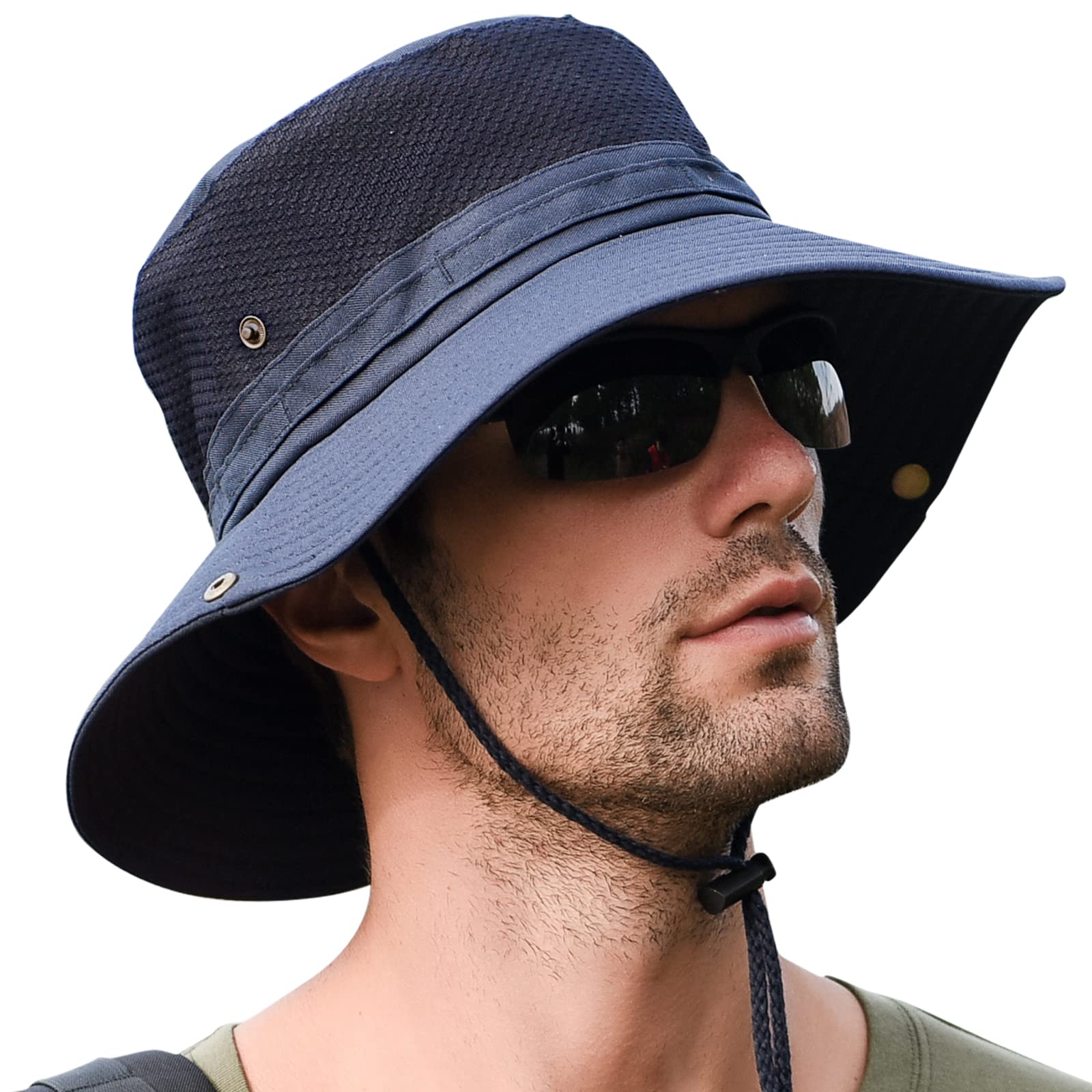 【送料無料】[KELEVO] サファリハット メンズ【メッシュ通気構造 折り畳み UVカット】帽子 日焼け 速乾性 軽量 防風 つば広 ひも付き 釣り 登山 ハイキング ゴルフ スポーツ ハット (＃02.ネイビー)
