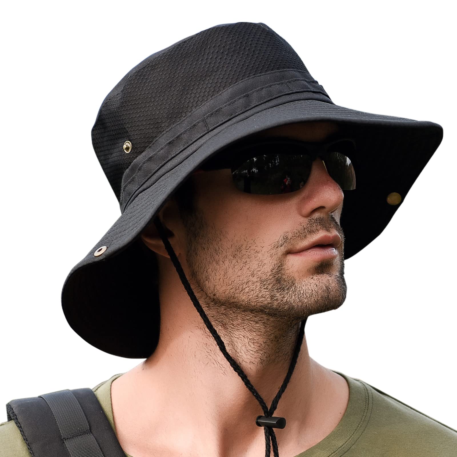 【送料無料】[KELEVO] サファリハット メンズ【メッシュ通気構造 折り畳み UVカット】帽子 日焼け 速乾性 軽量 防風 つば広 ひも付き 釣り 登山 ハイキング ゴルフ スポーツ ハット (＃01.ブラック)