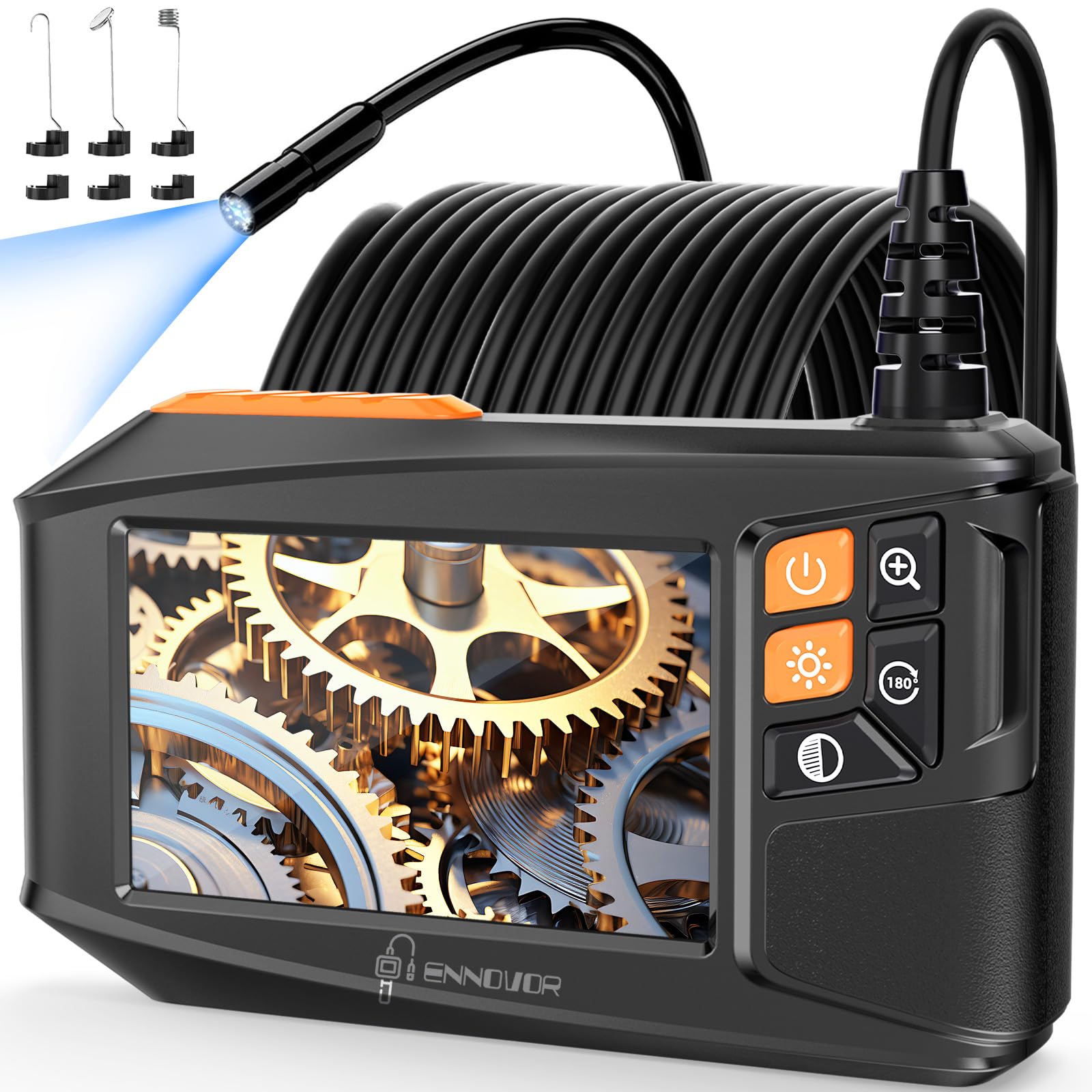 【送料無料】Ennovorファイバースコープ 4.3インチ1920P HDスクリーン 大画面モニター搭載工業用内視鏡カメラ、8つの調整可能なLEDライト付き マイクロスコープ IP67防水充電式 10M半剛性ケーブルスネークカメラ適用する室内清掃/管内観察/車修理保養/排水口/設備の点検