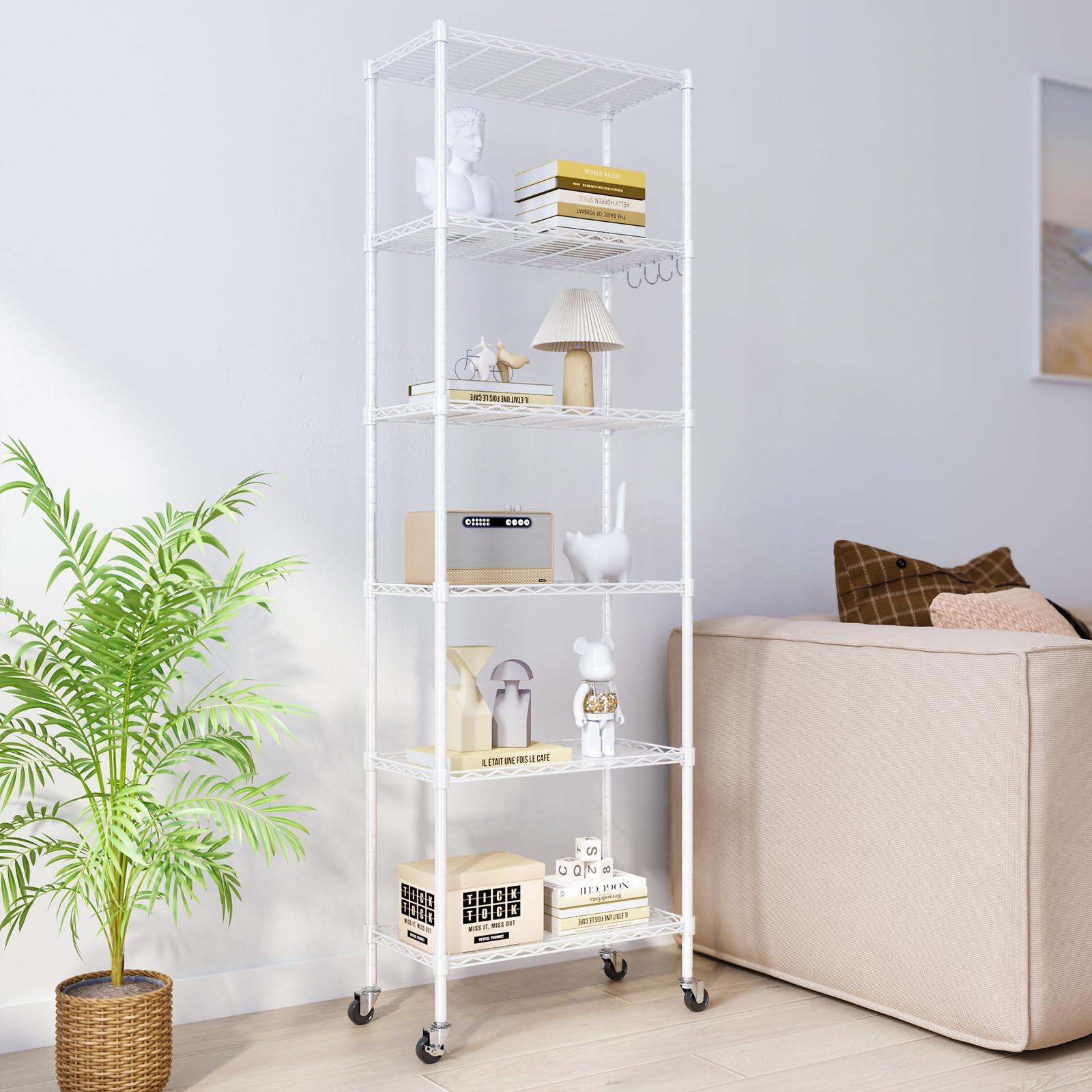 【送料無料】NATRKE メタルラック 6段 ホワイト キャスター付き スチールラック スチールシェ ...