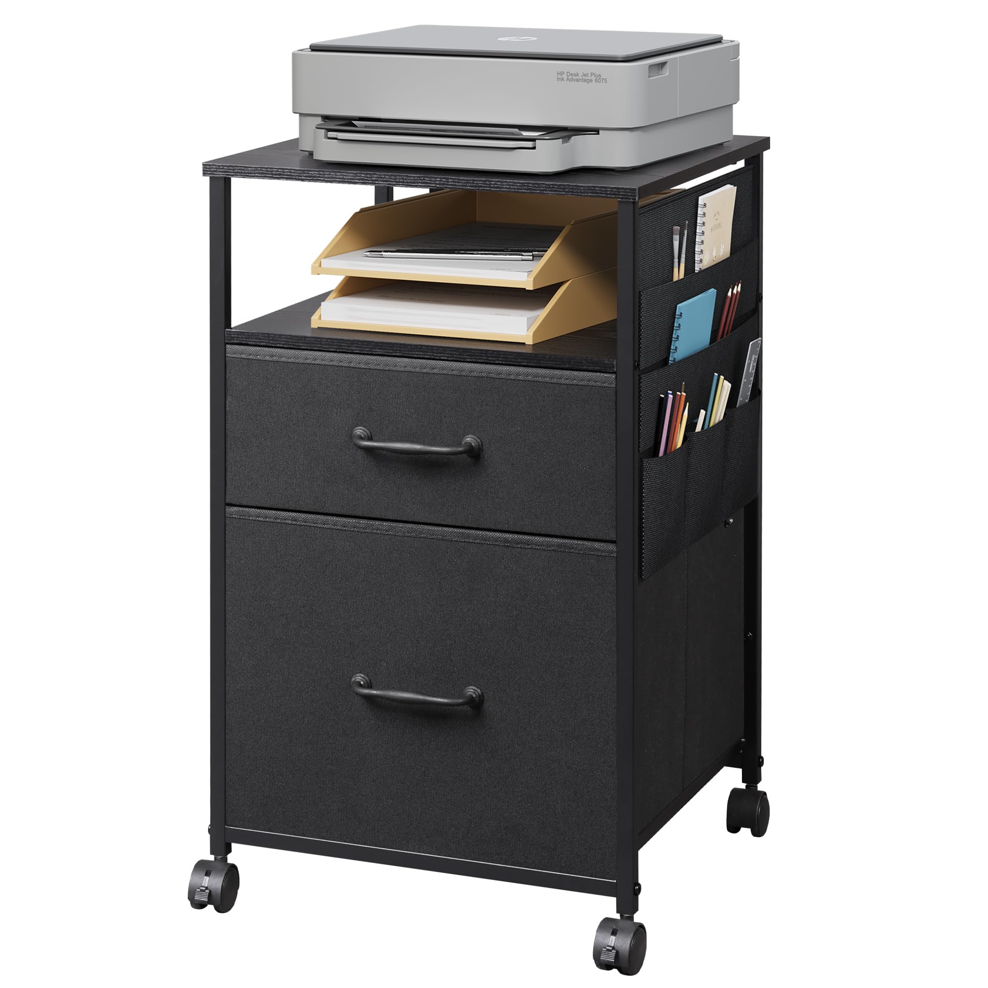 【送料無料】DEVAISE デスクワゴン キャビネット 収納 布製 ファブリック 二杯引き出し付き キャスター付き 引き出し付き サイドポケット付き サイドワゴン サイドデスク サイドチェスト ファイルワゴン 袖机 プリンター台 リッビング 書斎 A4ファイル対応 移動便利 ブラ