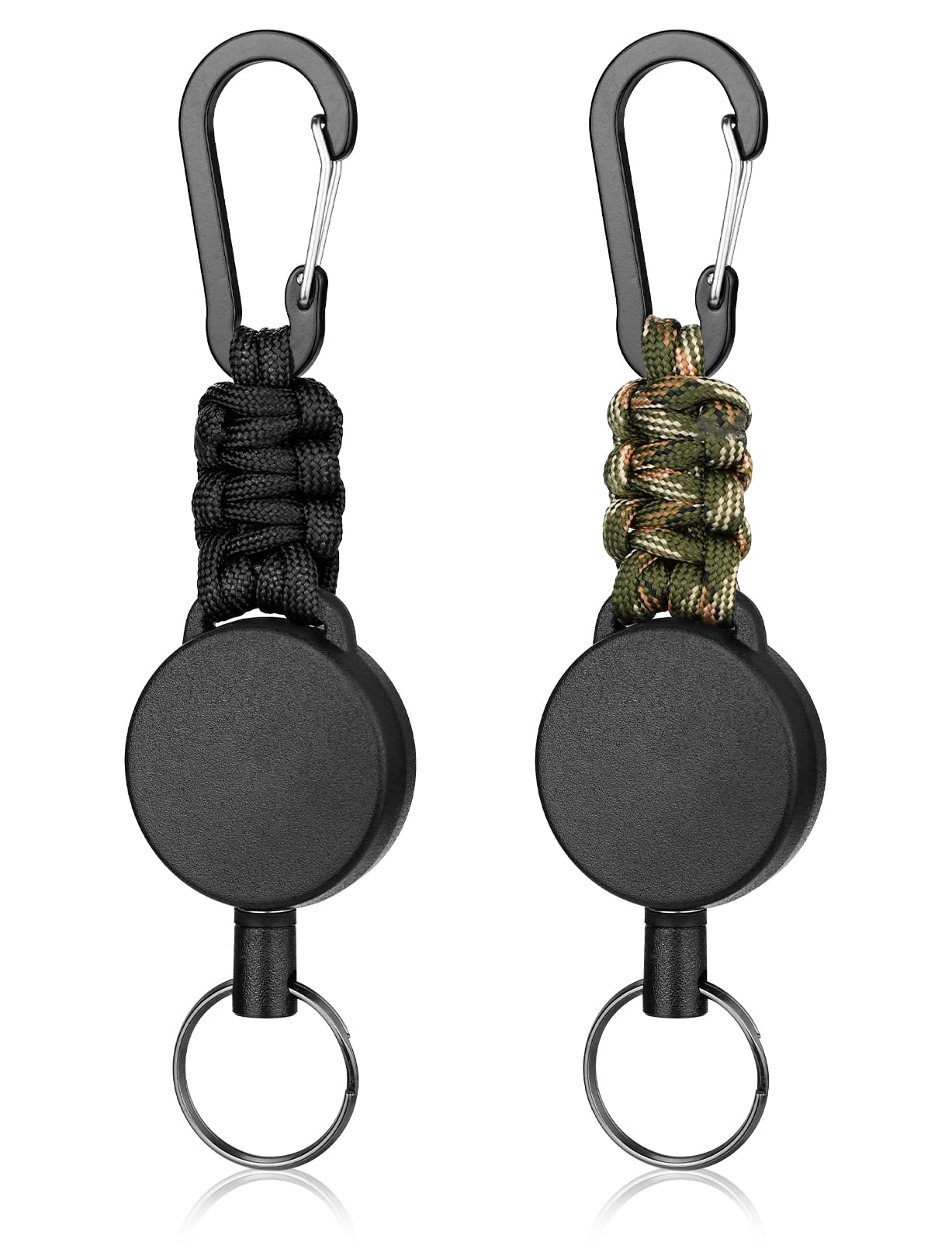 【送料無料】[Mellbree] リールキーホルダー カラビナ 2個 リールストラップ 伸びるキーホルダー キーリール キーチェーン 強力リール 頑丈 軽量 60CM 金属ワイヤー 伸縮 釣り 紛失防止 アウトドア (ブラック＋迷彩)
