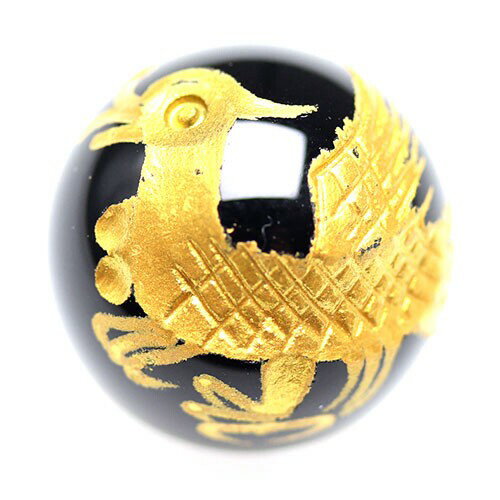 金彫り 朱雀 オニキス ビーズ 鳳凰 四神獣【粒売り】 約16mm 1個〔 天然石 パワーストーン アクセサリー 〕