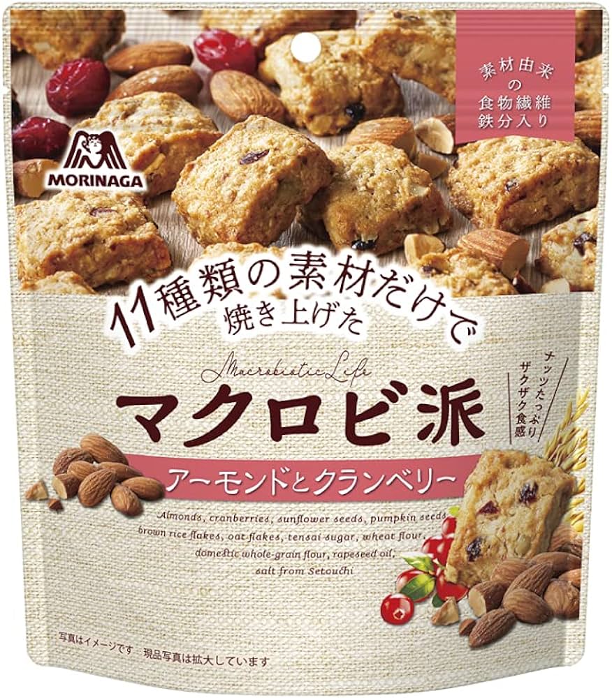 マクロビ派は、白砂糖の代わりにてんさい糖を使用。マーガリン、ショートニング、動物性素材は使っていません。アーモンド、ひまわりの種、なたね油（菜種油）など11種類のこだわり素材がぎっしり詰まったひとくちサイズのビスケット。果汁にたっぷり漬けたクランベリーの味わいが特徴です。素材由来の食物繊維・鉄分がとれます。 ※商品パッケージは変更の場合あり。 メーカー欠品または完売の際、キャンセルをお願いすることがあります。ご了承ください。