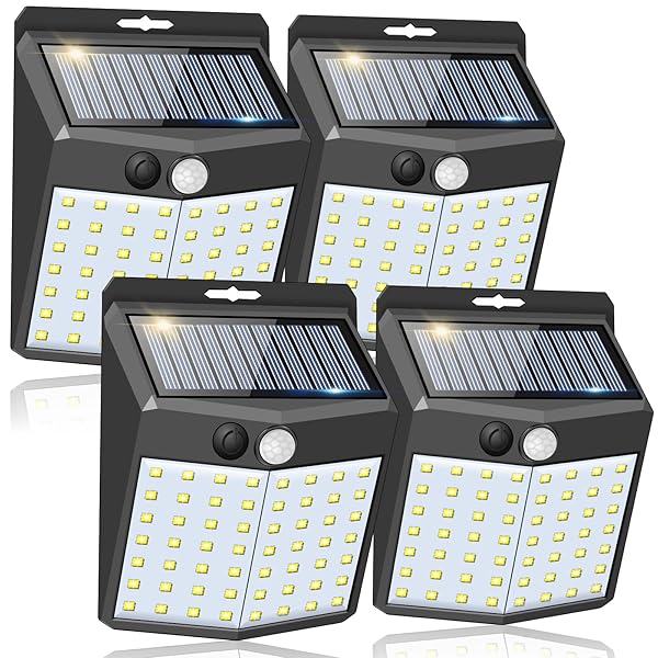 【3つ知能モード 4個】ソーラーライト 屋外 56LED センサーライト 人感センサー 屋外照明 太陽光発電 省エネ 防水 防犯 自動点灯 300°照明範囲 両面テープ付き 壁掛け/庭/柵/玄関/ガーデン/駐車場/地震/停電時適用 取り付け簡単 日