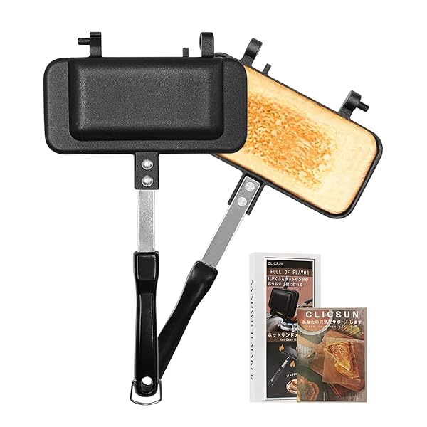 FO:ホットサンドメーカー 直火 ホットサンドイッチクッカー ホットサンドトースター レシピ付 上下分離型 ロック付き フッ素加工 キャンプ アウトドア 1枚食べパン専用ミニフライパン 軽量型 ブラック