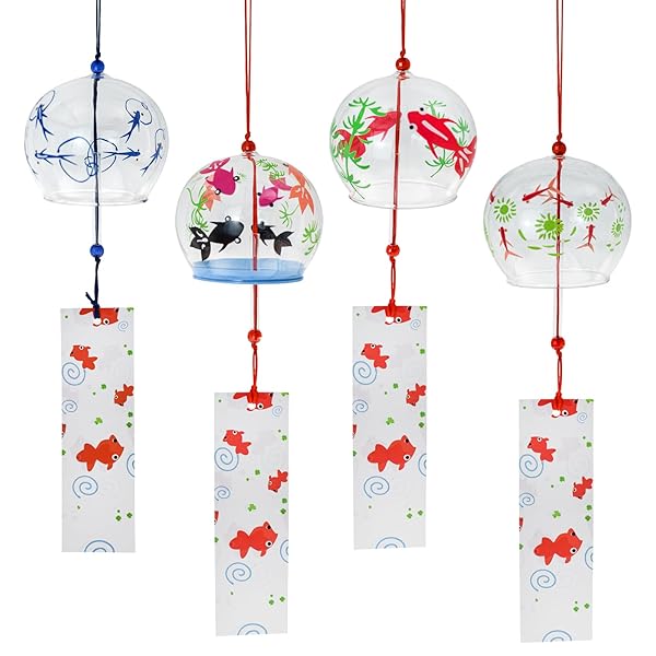 風鈴 金魚 桜 ガラス風鈴 4点セット 手作り風鈴 江戸風鈴 可愛い 玄関風鈴 ウインドチャイム オシャレ 澄んだ音 屋外 屋内 厄除く 幸運 プレゼント おし...