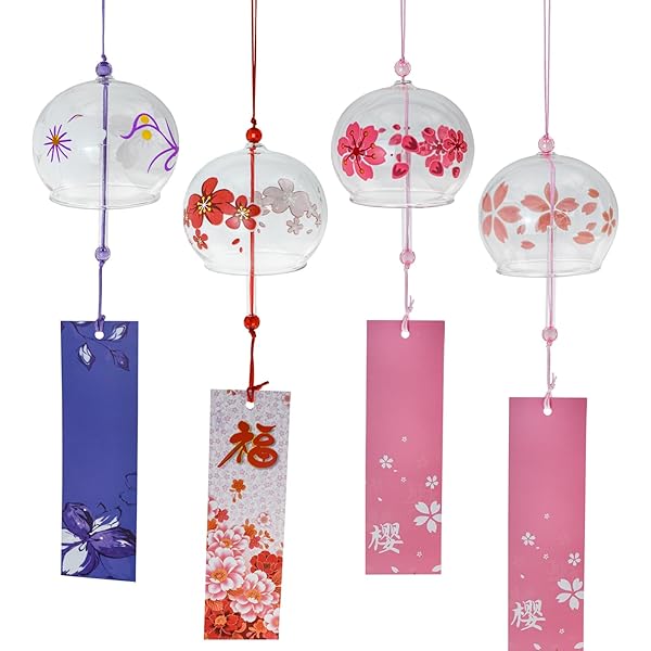 風鈴 金魚 桜 ガラス風鈴 4点セット 手作り風鈴 江戸風鈴 可愛い 玄関風鈴 ウインドチャイム オシャレ 澄んだ音 屋外 屋内 厄除く 幸運 プレゼント おし...