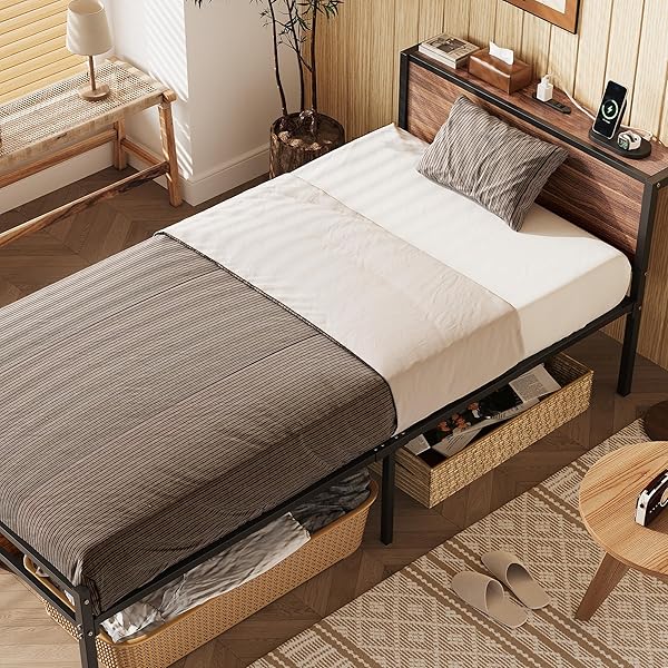 ベッドフレーム 宮棚付き 2口コンセント すのこベッド シングル スチールベッド 収納付き ベッド下収納 カビ防止 一人暮らし 耐荷重250kg モダン ハイタイプ ベッドフレーム単品 ウォールナット ブラック