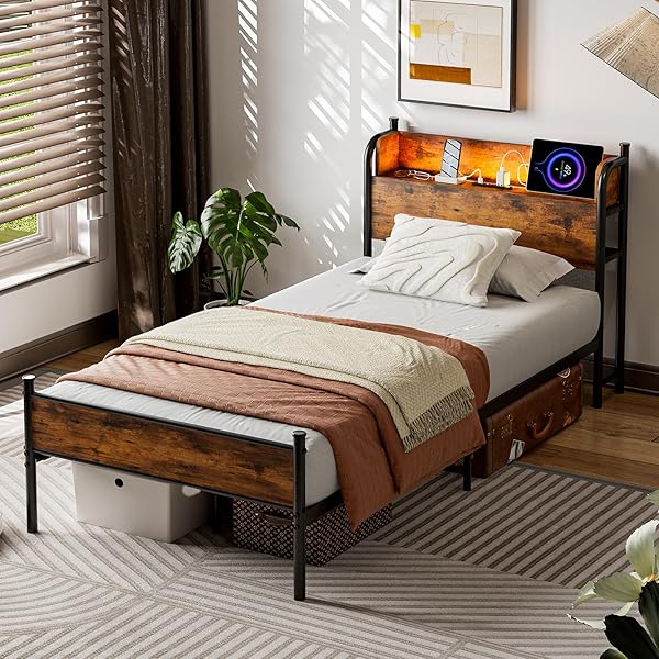 ベッドフレーム シングル パイプベッド S コンセント&USB充電付き シングルベッド LEDライト付きスチールベッド すのこベッド 収納宮棚付き LEDライト付き 2段階高さ調整 頑丈 カビ防止 安定性 耐久性 耐荷重350KG 組立簡単 (幅97