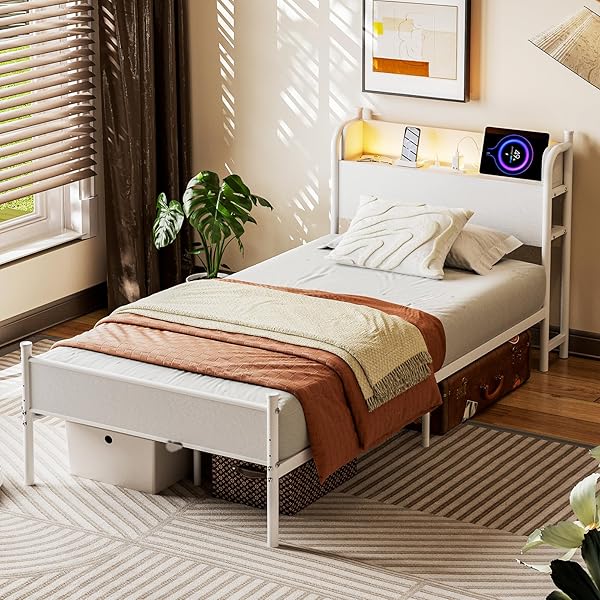 ベッドフレーム シングル パイプベッド S コンセント USB充電付き シングルベッド LEDライト付きスチールベッド すのこベッド 収納宮棚付き LEDライト付き 2段階高さ調整 頑丈 カビ防止 安定性 耐久性 耐荷重350KG 組立簡単 (S幅9