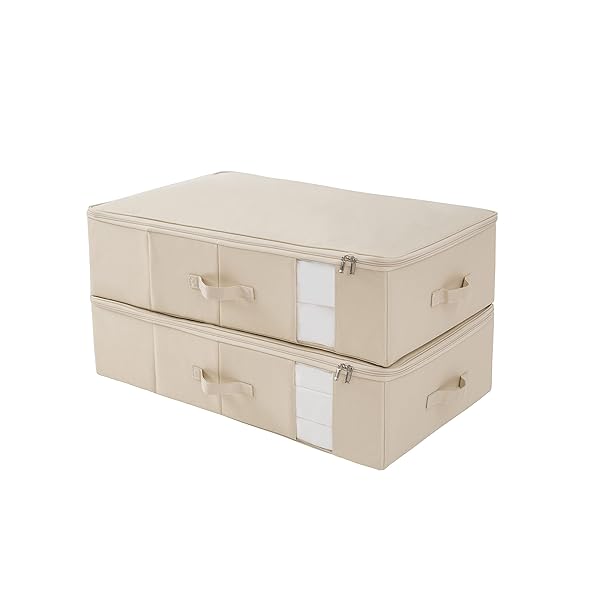 収納ボックス 収納ケース 大容量 衣類収納 折りたたみ 取っ手付き ふた付き おしゃれ 布製 衣装ケース 透明窓付き ファスナー (ベージュ, 幅70×奥行42×高さ18cm 2点セット)
