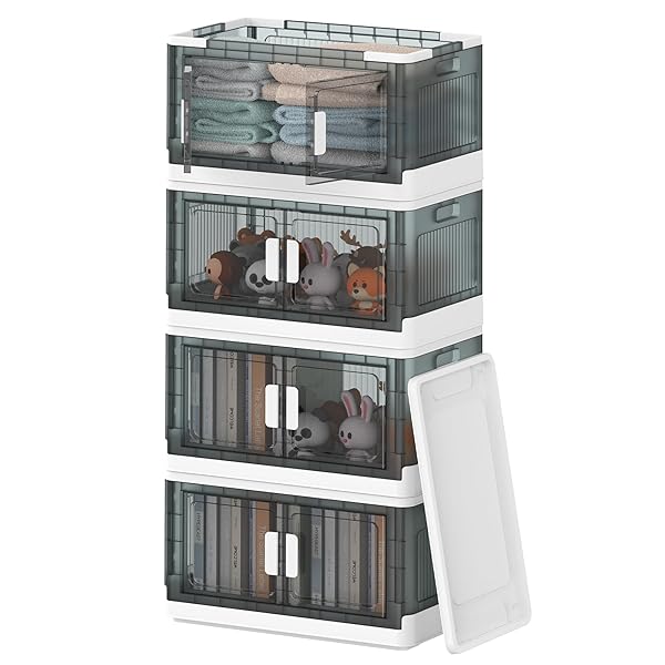 収納ボックス 蓋付き 折りたたみ 左右開き式 大容量 収納ケース 積み重ね 強い耐荷重 キャスター付き クリアケース 組立簡単 多機能 箱 四個セット(XLサイ...