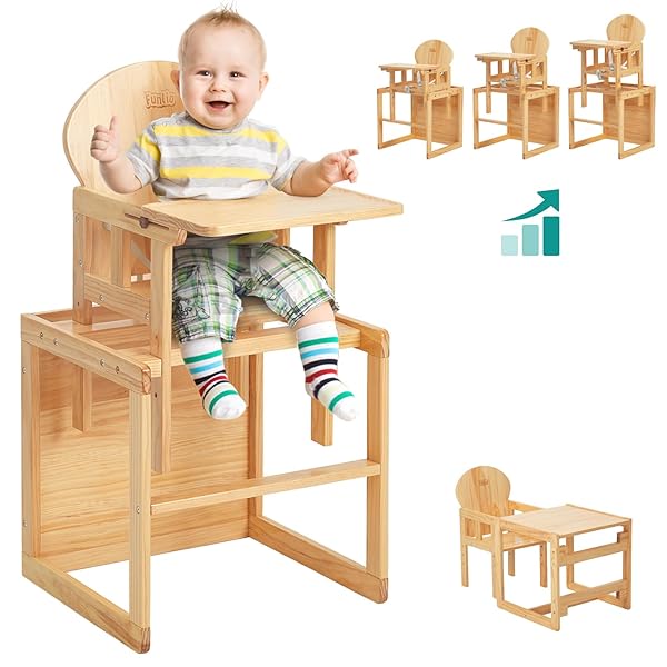 FO:木製ハイチェア、6ヶ月~6歳の幼児向け2-in-1変換可能なハイチェア、赤ちゃん向け高さ調整可能、プレミアム品質の天然木材を使用、取り外し可能なトレイ/クッション/安全ベルト付き、CPC認証済み