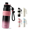 GOOM 水筒 680ml 保冷ボトル ストロー付き水筒 魔法瓶 大容量 31603 ステンレスボトル 真空断熱 ストラップ付き シームレス 漏れ防止 洗いやすい オシャレ 携帯便利 ライト スポーツ アウトドア (パープル ブラック)