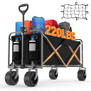 FO:折りたたみ式ワゴン - ヘビーデューティ 220lbs(約100kg)耐荷重、全地形対応ビーチホイール&ドリンクホルダー付き ガーデン/キャンプ/ビーチ用(ブラック)