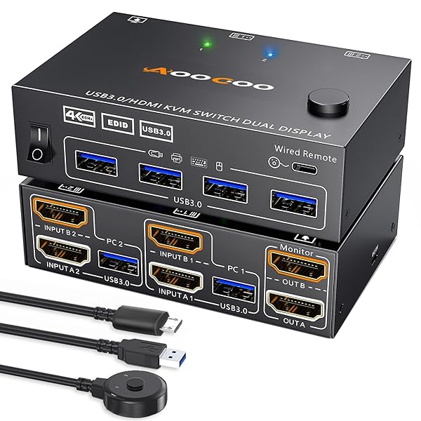 【送料無料】KVMスイッチ デュアルモニター 2ポート 4K@60Hz 2K@120Hz シミュレーションEDID、HDMI USB..