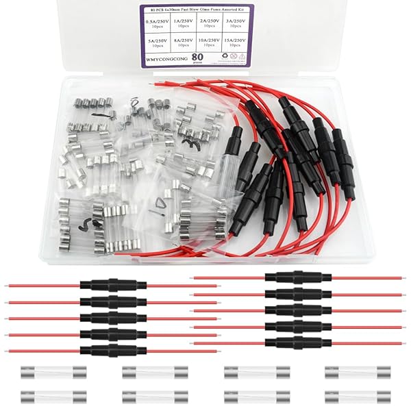 【送料無料】90個 6x30mm ガラス管ヒューズキット: 80個 0.5A 1A 2A 3A 5A ...