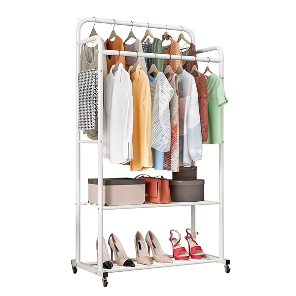 【送料無料】パイプハンガーラック ハンガーラック 物干しスタンド 洋服ラック 洋服ハンガー ワードローブ ダブル コート掛け 衣類収納 頑丈 大容量 省スペース キャスター付き 組立簡単 (75*33*153cm, ホワイト)