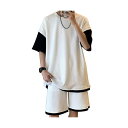 FO:スポーツウェア トレーニング メンズ 半袖 Tシャツ ショートパンツ 上下セット フェイク レイヤード ジャージ 2点セット ゆったり 部屋着 White...