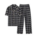 FO:メンズパジャマ 夏用パジャマ コットンルームウェア 半袖と長ズボンのパジャマ2点セット チェック柄 部屋着 吸湿速乾 リラックスウェア
