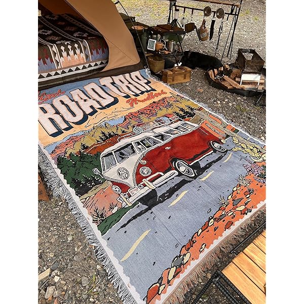 【送料無料】レトロでオシャレ ， ワーゲンバス”フォルクスワーゲン ，アウトドア ブランケット キャンプ 柄,キャンプ用ブランケット、テントマルチカバー 冷房対策 旅行用 車中泊 テント用キルト 登山 おしゃれ, 丸洗い,キャンプ ，Road Tri