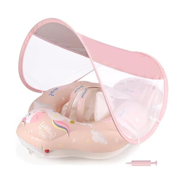 【送料無料】ベビーフロート 子供用浮き輪 男女通用体重約10-20kg適用 足入れ式 屋根付き 日焼け予防 ハンドル付き うきわ スイム 水泳補助具 水泳用品 おもちゃ (ピンク)