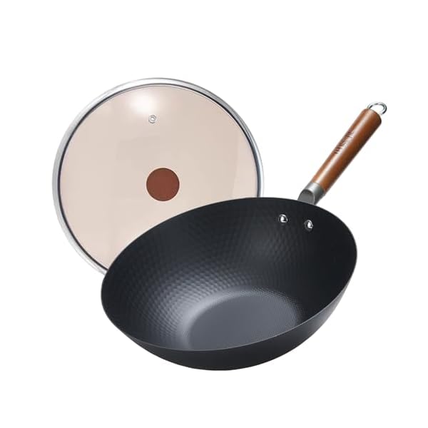 FO:フライパン深型 32cm 軽い鍋1.1kg 無塗装中華鍋 窒化鉄 炒め鍋 揚げる 茹でる 多くのストーブに対応 蓋付き 鉄フライパン 厚手 ih対応 ガス火 ふきんとスポンジ付き